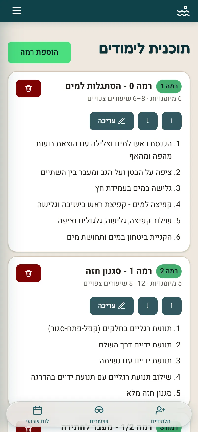 מסך תוכנית הלימודים בטלפון: רמות מדורגות, ולכל רמה רשימת המיומנויות שנדרשות בה.
